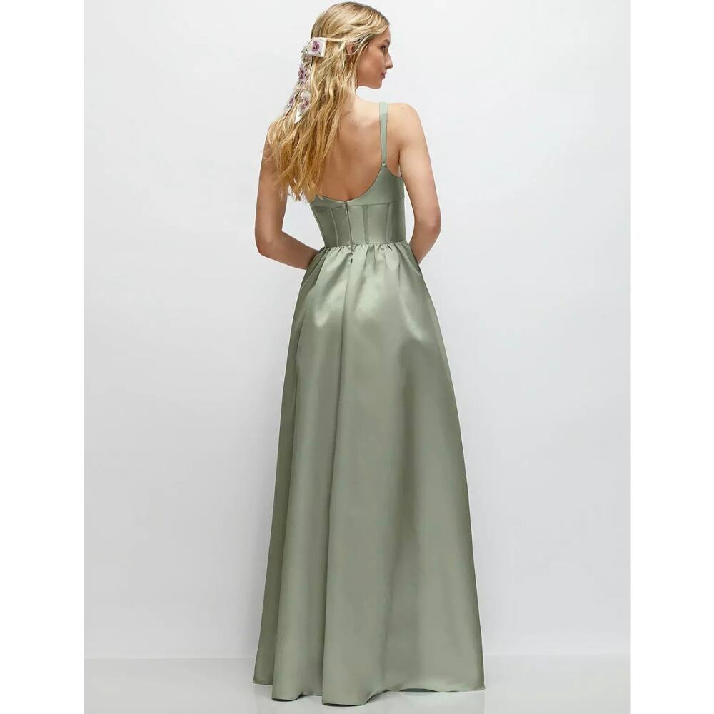 NWT Dessy Collection Scoop Neck Corset Satin Maxi Dress Pockets Sage 14R - Picture 2 of 14